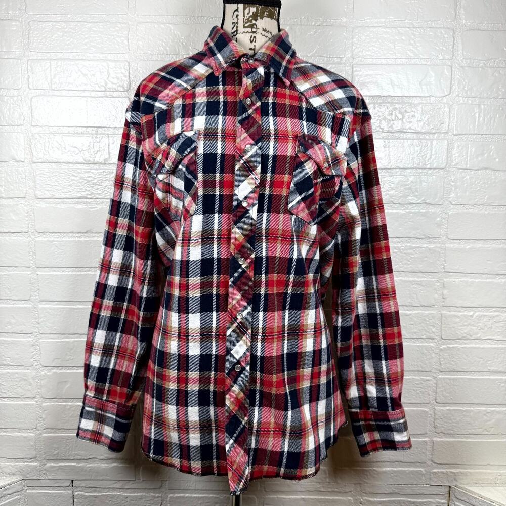 Wrangler Flannel Shirt Womens XL Multicolor Plaid Pearl Snap Cabincore Western